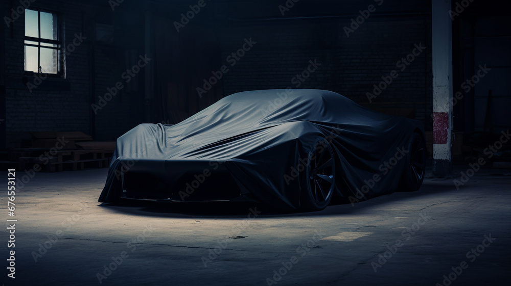 Modern sports car under dark cover - obrazy, fototapety, plakaty 