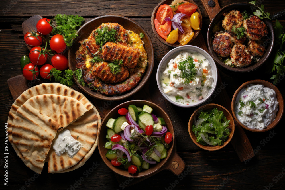Top view of a variety of traditional Greek dishes, including salad, meze, pie, fish, tzatziki, and dolma, displayed on a wooden background. Generative Ai. Top view of a variety of traditional Greek dishes, including salad, meze, pie, fish, tzatziki, and dolma, displayed on a wooden background. Generative Ai.