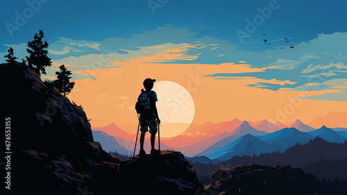 silhouette of a boy on the mountain at sunset