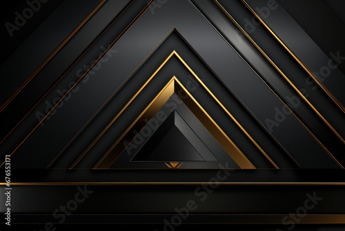 Abstract golden lines etched on a black background, creating a luxurious frame design with geometric triangle borders and ample center space. Generative Ai.