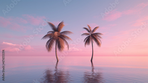 pink tropical palm trees and sea on sunset background. summer concept, vacation or summer vacation concept © Daniel