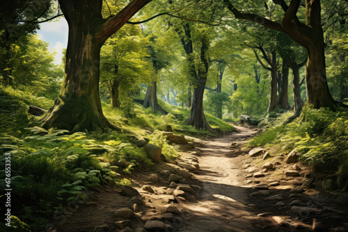 An enchanting forest trail, dappled with sunlight and surrounded by lush greenery, inviting a peaceful nature walk. Generative Ai.