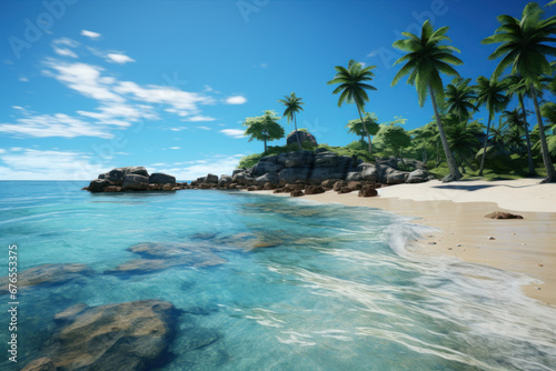 A pristine beach with crystal-clear waters, palm trees, and sunbathers, embodying the allure of tropical paradise. Generative Ai. © Sebastian