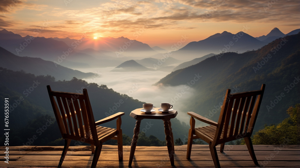 wooden table in mountains