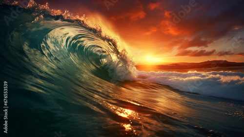 wave in sunset on the sea background.