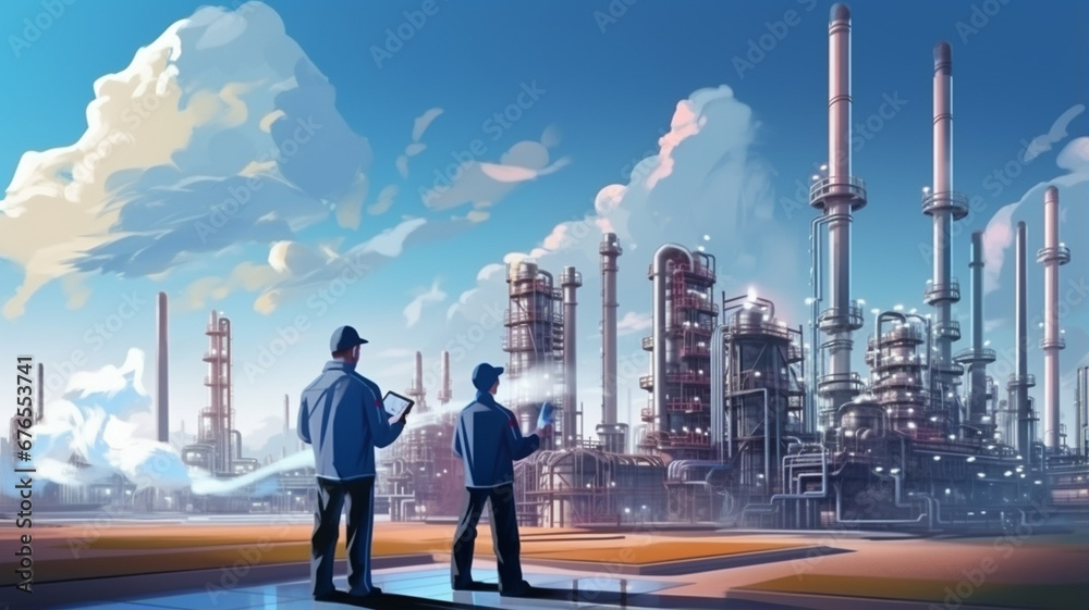factory worker and engineer in the factory. production and gas oil industry concept. factory worker and engineer in the factory. production and gas oil industry concept.