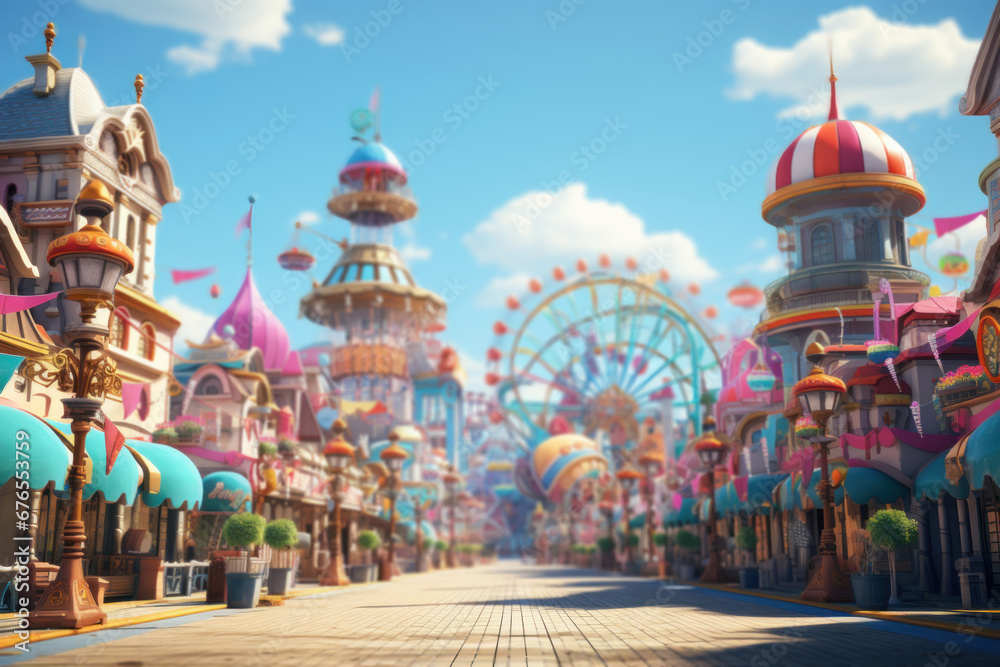 Fototapeta premium A colorful, bustling carnival filled with rides, games, and cotton candy, capturing the excitement of funfairs. Generative Ai.