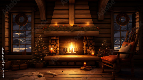 simple wooden chrismtas interior with fireplace and windows at night © l1gend