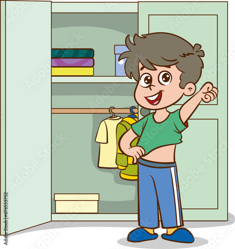 children choosing clothes in the closet. Vector illustration of a cartoon style.