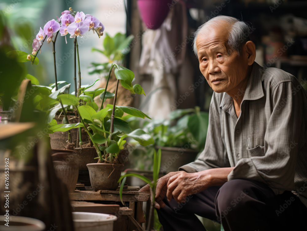 Elderly asian man growing orchid flowers. Senior man with potted flower. AI generated picture