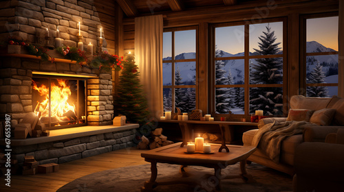 simple wooden chrismtas interior with fireplace and windows at night