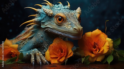  a close up of a lizard on a table with flowers in front of it and water droplets on its face. generative ai