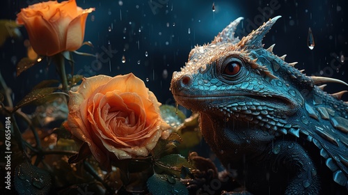  a close up of a lizard next to a flower with water droplets on it and rain falling on the ground.  generative ai © Anna