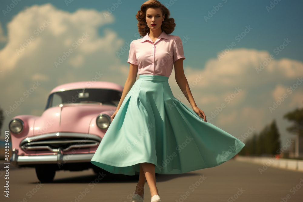 A stylish vintage woman in a poodle skirt and saddle shoes, transporting us to the sock hop era of the 1950s. Generative Ai.