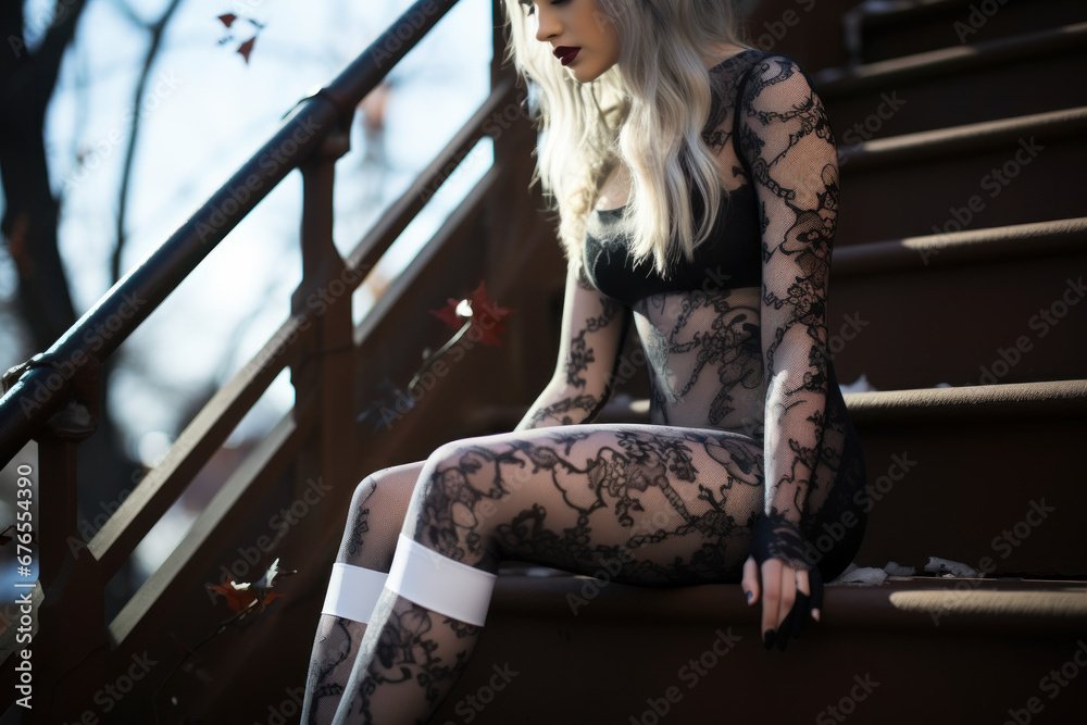 Patterned tights adorned with delicate lace, adding a touch of sophistication to her ensemble. Generative Ai.