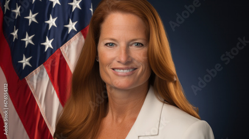 Portrait of smiling female politician looking at camera while standing against USA flag background, copy space photo