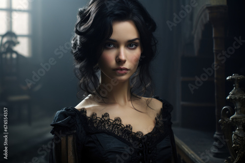 A romantic vintage woman in a Victorian-inspired gothic gown, embracing dark and mysterious aesthetics. Generative Ai. © Sebastian