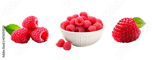 Collage set of raspberries fruit over isolated transparent background