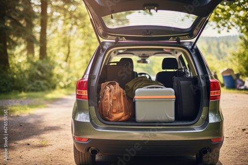 Trunk of suv car loaded with travel luggage, ready for an exciting adventure