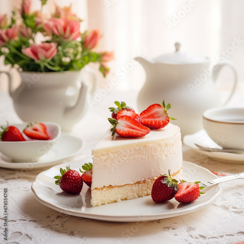 ai generated still life with strawberries cheesecake with tea set in white colors on white kitchen background