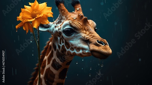  a close up of a giraffe with a flower in it's mouth and water droplets on its face. generative ai