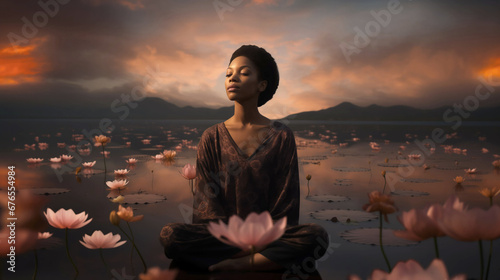 Black Woman Meditating Meditation sitting in Dreamy Calm Water River Lake Spa Breathing Relaxing with Lotus Flowers, Water Lillies at Sunset Sunrise Mountain Landscape