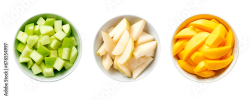 High angle view of chopped green apple, pears and mango over isolated transparent background