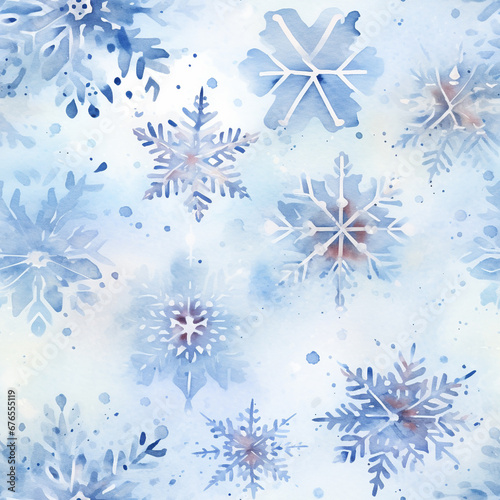Christmas background with snowflakes. Watercolor seamless pattern created with Generative Ai technology