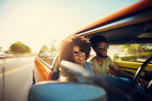 Happy young couple driving a car to the countryside.. Summer vacation and travel concept