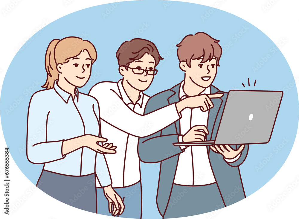 Woman and two men startup employees dressed in business style stand with laptop. Vector image Woman and two men startup employees dressed in business style stand with laptop. Vector image