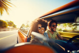 Happy young couple driving a car to the countryside.. Summer vacation and travel concept