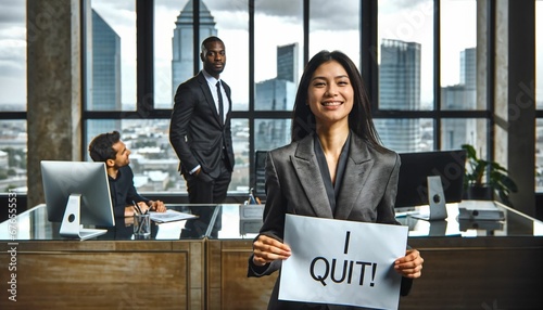 Business person handing down resignation letter with I quit words on it to their boss, leaving job, quitting