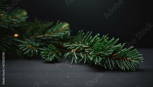 Close up of a green fir tree branch on a beautiful Christmas background with a trendy moody dark tone