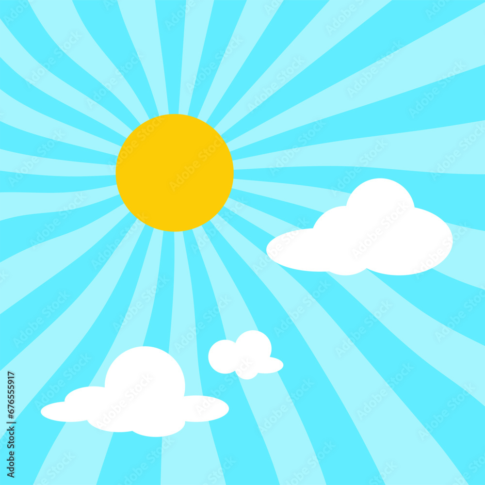 Yellow sun with rays on blue sky with clouds in flat cartoon style. Background for blank template. Design for banner, invitation, card, website in flat style