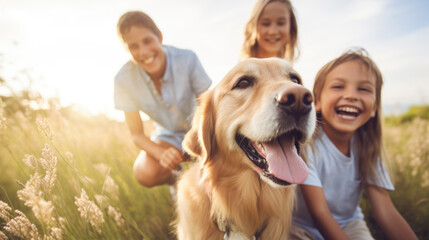  Happy family with dog in nature. Camping, travel, hiking.