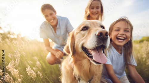  Happy family with dog in nature. Camping, travel, hiking. photo