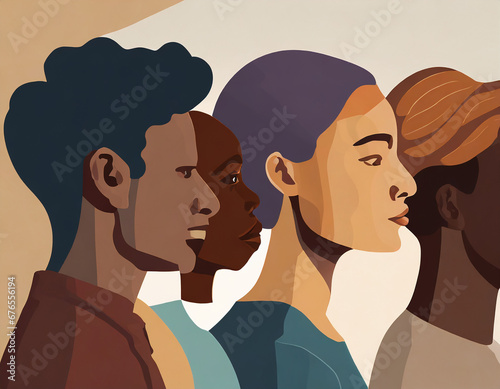 Silhouette profile face group of men and women of diverse culture. People diversity. Racial equality anti-racism concept. Social inclusion.Gender equality.Multicultural society. Community