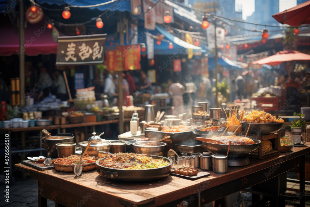 A street food market bustling with vendors and customers, showcasing culinary diversity. Generative Ai.