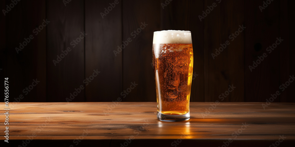 A glass of beer on a dark wooden table