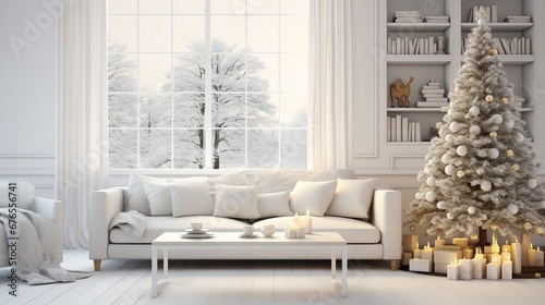Christmas, white modern living room with a snowy forest outside the window. Modern interior design © Idressart