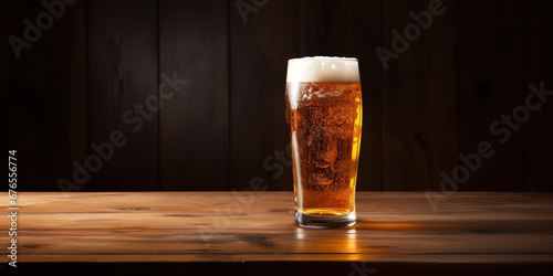 A glass of beer on a dark wooden table