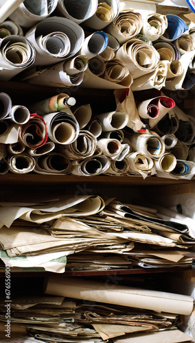 Rolls of old paper, maps, packages on the shelves in a used bookstore