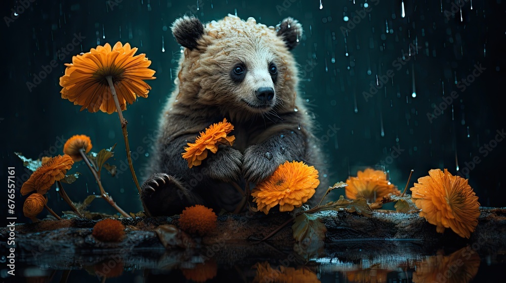  a brown bear sitting on top of a puddle of water next to yellow flowers and dandelions on a rainy day.  generative ai - obrazy, fototapety, plakaty 