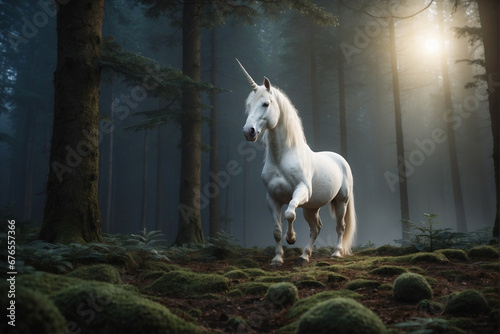 white unicorn in mysterious forest at night with moonlight glow