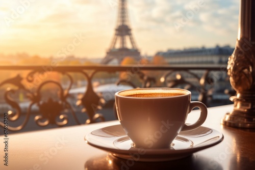 Coffee cup in Parisian cafe with Eiffel Tower backdrop. Generative AI © Octavio