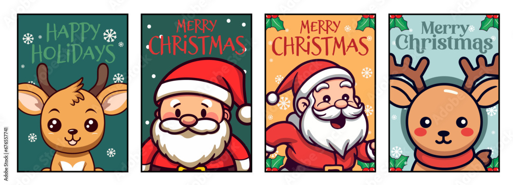 Obraz premium Cute Santa Claus and Reindeer Featured in Merry Christmas and Happy New Year Card Set, Lettering Vector