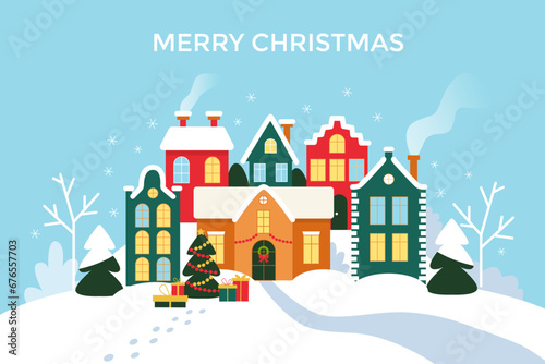 Christmas and Happy New Year winter wonderland landscape with houses. Village, houses, Christmas trees, snow on light blue background. © Alexandra