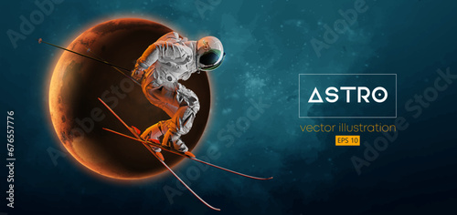 Abstract silhouette of a skiing astronaut in space action and Earth, Mars, planets on the background of the space. The skier man doing a trick. Carving Vector 3d render illustration