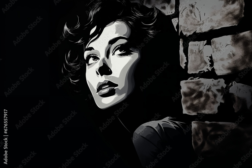 Portrait of a woman at night, near a brick wall background, dark, street. Noir. Tense mood, anxiety and fear. Illustration poster in style of 1960