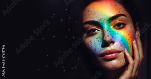 Retrato de una bella joven con maquillaje multicolor. photo